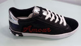 Scarpe Originali Shop★Art Nere Scritta Amour Vellutino Particolari in Argento e Perle Bianche - 18680N