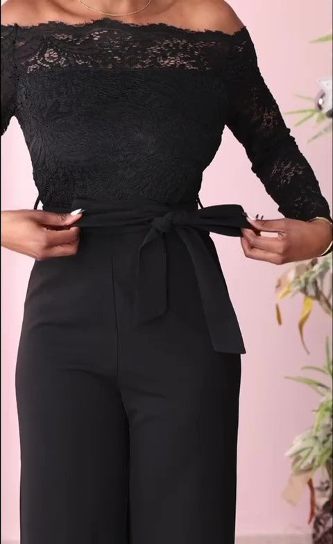 Tuta Donna Intera Elegante Jumpsuit Cocktail Schiena scoperta Finiture in pizzo Merlettato Cerimonia in 2 Colori - 2681