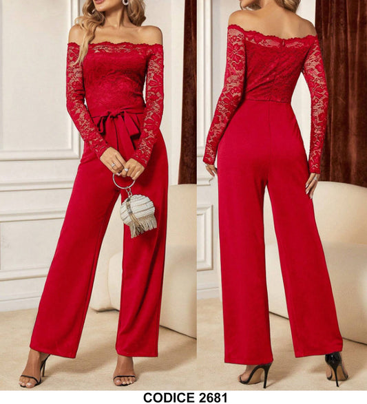 Tuta Donna Intera Elegante Jumpsuit Cocktail Schiena scoperta Finiture in pizzo Merlettato Cerimonia in 2 Colori - 2681