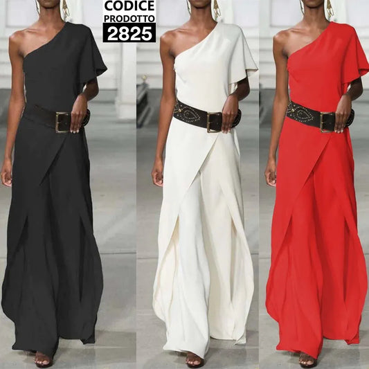 Tuta Donna Cocktail Lunga Gamba Larga Jumpsuit Casual Monospalla Manica Corta in Nero - 2825Out