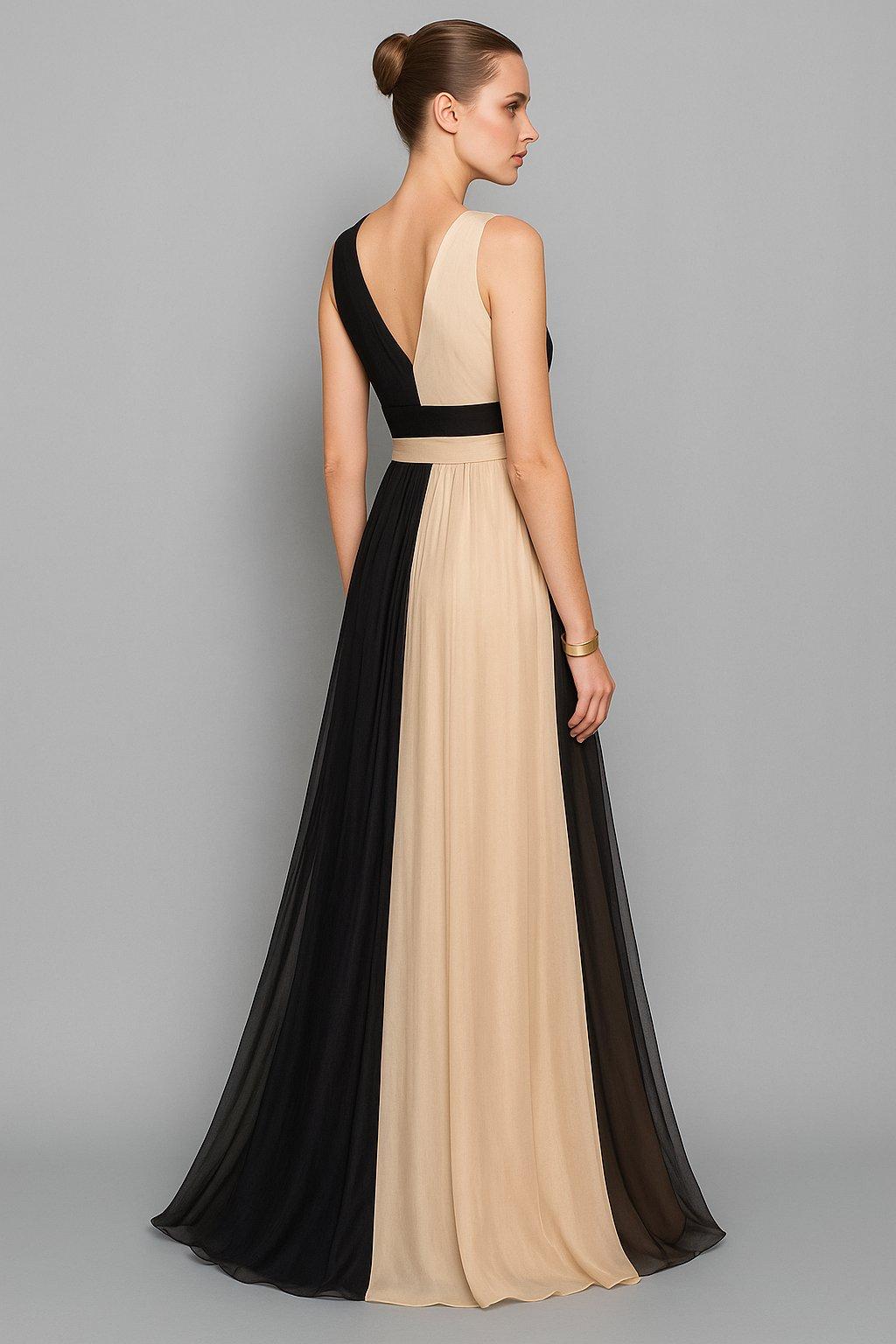 Vestito lungo in chiffon bicolore scollato sulla schiena Abito
