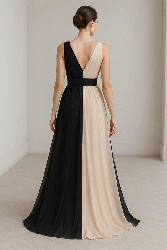 Vestito lungo in chiffon bicolore scollato sulla schiena Abito Elegante Cerimonia Beige e Nero - 2885