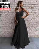 Vestito lungo da sera cerimonia in tulle scollo a V manica a bretelle Abito Elegante in 2 Colori - 3126
