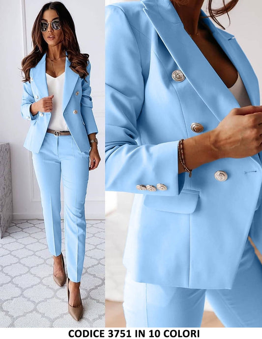 Tailleur Giacca e Pantaloni Eleganti Completo Donna Cerimonia 2 Pezzi con Bottoni Oro in 15 Colori - 3751