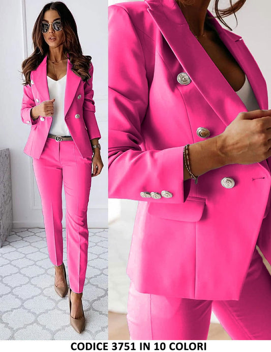 Tailleur Giacca E Pantaloni Eleganti Completo Donna Cerimonia 2 Pezzi Con Bottoni Oro In 2 Colori - 3751Out