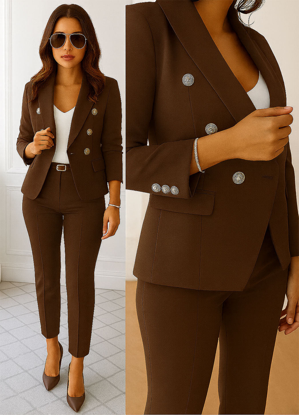 Tailleur Giacca e Pantaloni Eleganti Completo Donna Cerimonia 2 Pezzi con Bottoni Oro in 15 Colori - 3751