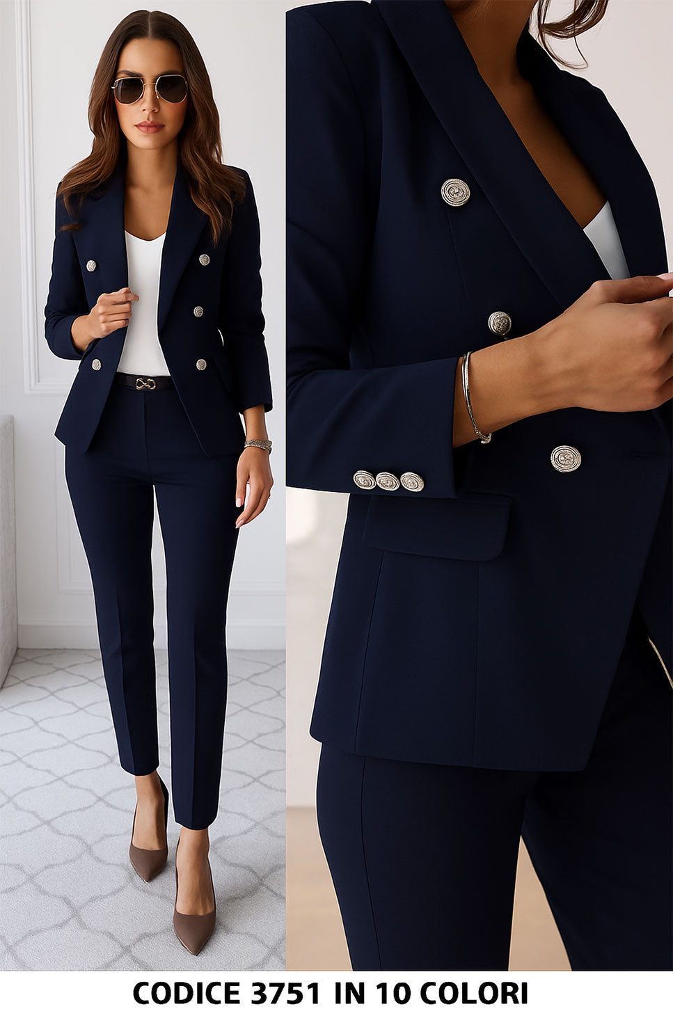 Tailleur Giacca e Pantaloni Eleganti Completo Donna Cerimonia 2 Pezzi con Bottoni Oro in 15 Colori - 3751