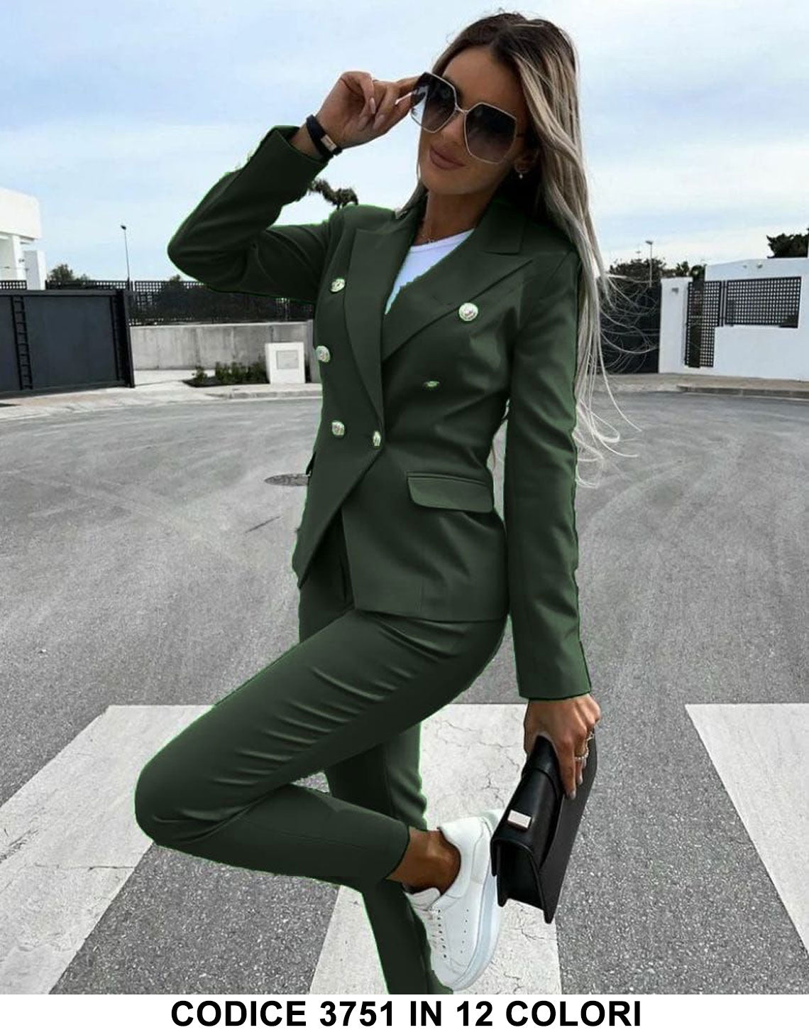 Tailleur Giacca e Pantaloni Eleganti Completo Donna Cerimonia 2 Pezzi con Bottoni Oro in 15 Colori - 3751