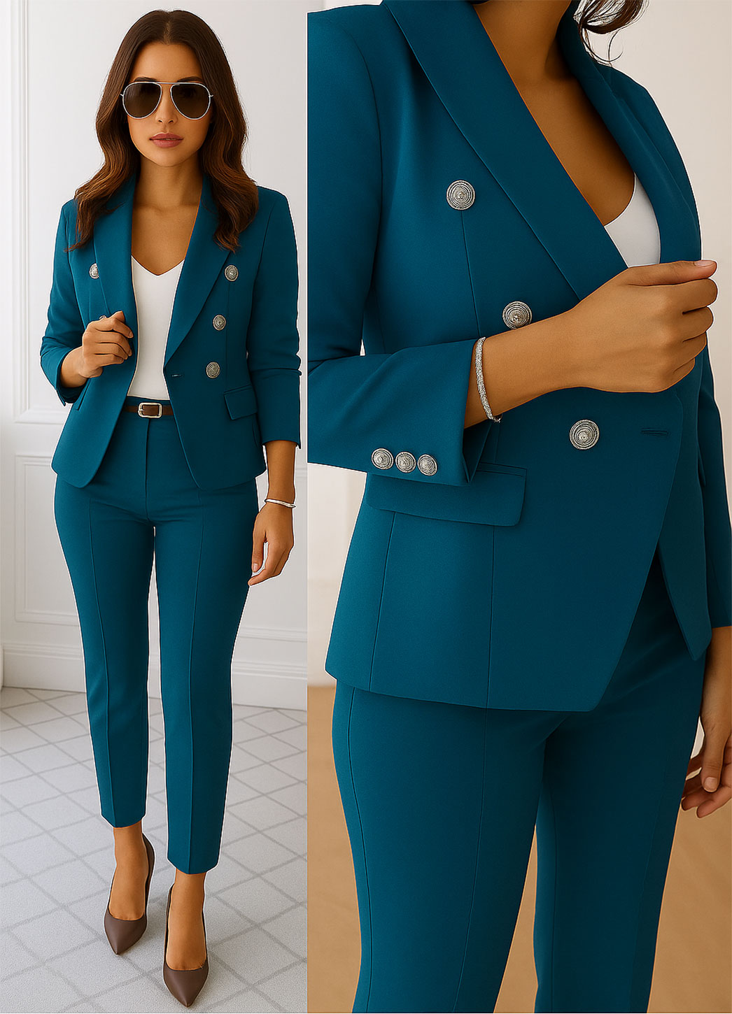 Tailleur Giacca e Pantaloni Eleganti Completo Donna Cerimonia 2 Pezzi con Bottoni Oro in 15 Colori - 3751