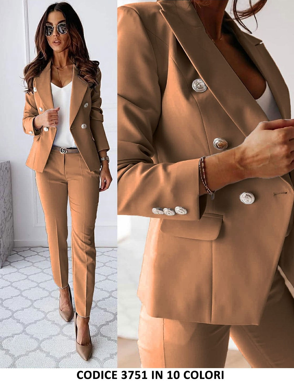 Tailleur Giacca E Pantaloni Eleganti Completo Donna Cerimonia 2 Pezzi Con Bottoni Oro In 3 Colori - 3751Out