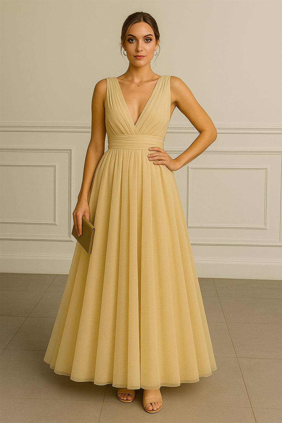 Abito Elegante Lungo Cerimonia Velo Fascia in Vita Scollo a V