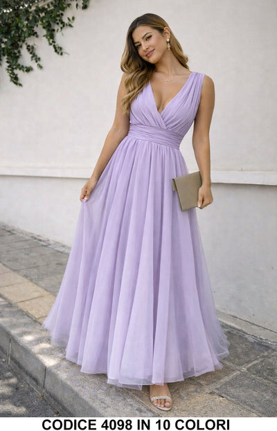 Abito Elegante Lungo Cerimonia Velo Fascia in Vita Scollo a V Vestito Smanicato Evento in 10 Colori - 4098