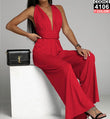 Tuta Jumpsuit Elegante Scollo Profondo Spalle Scoperte Incrocio Pantalone Palazzo in Rosso - 4106Out