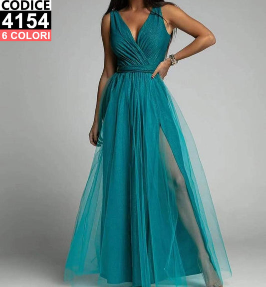 Abito Elegante Cerimonia Glitterata Multivelo Scollatura A V Vestito Casual Chic In Turchese - 4154Out