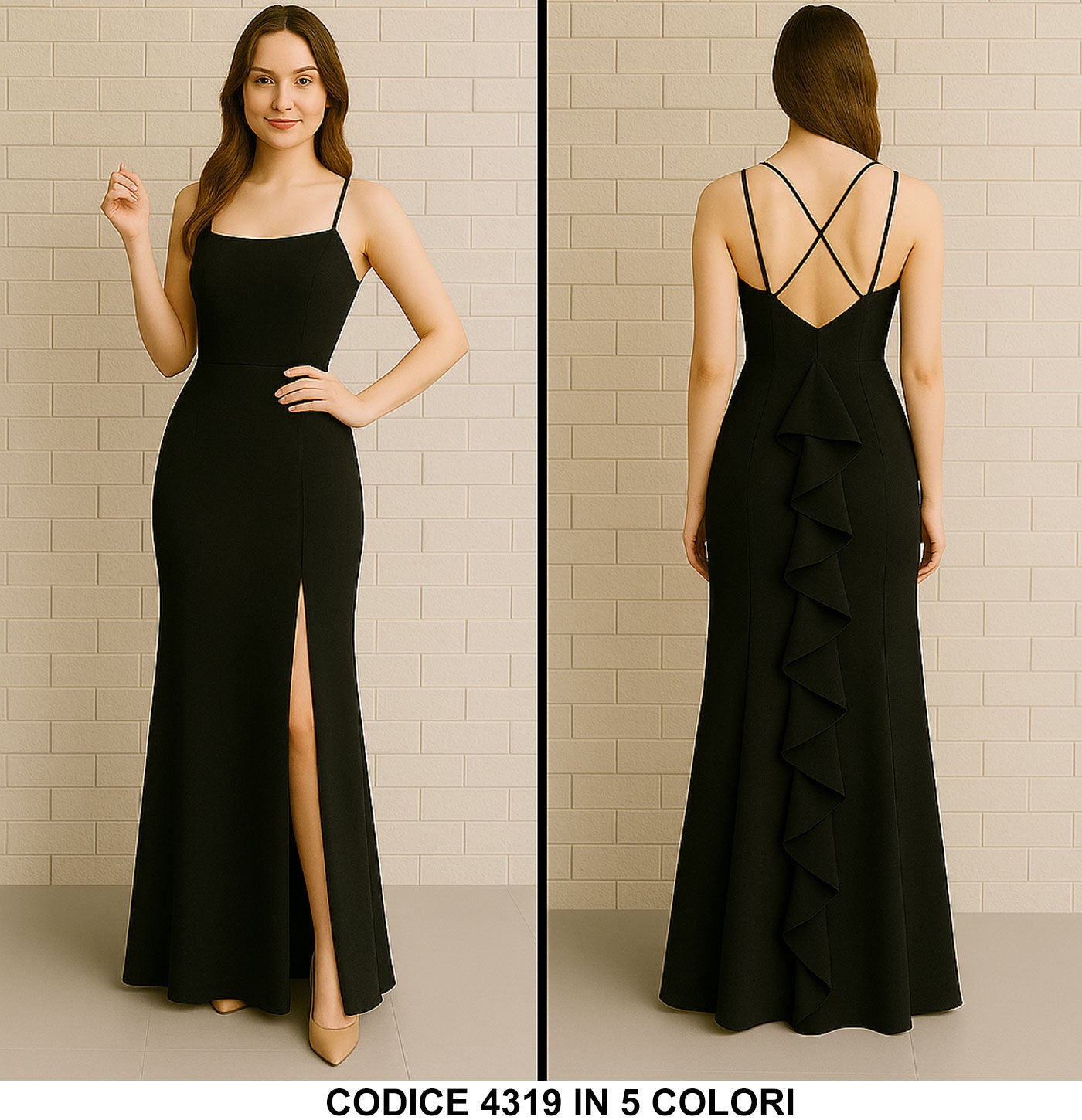 Abito Lungo Elegante da Cerimonia Vestito con Coda Smanicato Schiena Scoperta in 3 colori - 4319