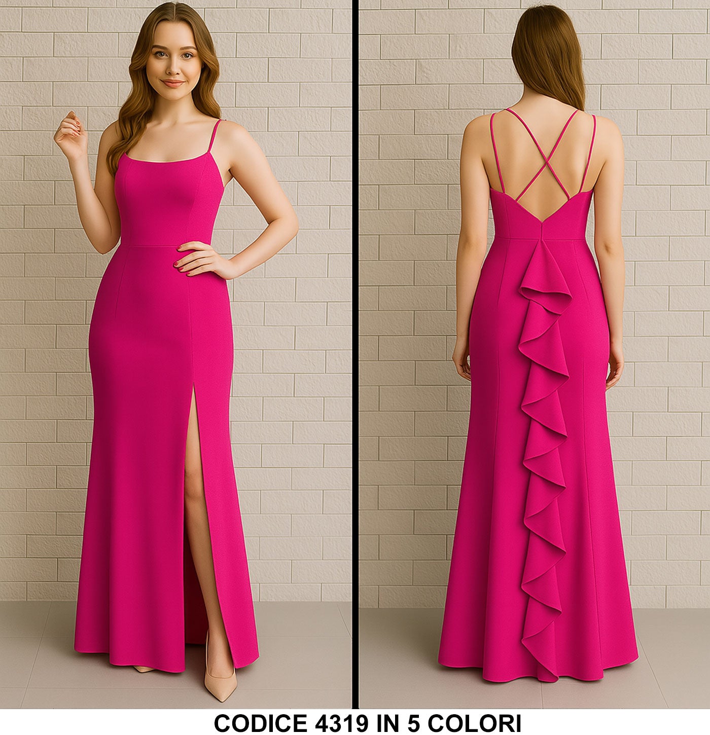 Abito Lungo Elegante da Cerimonia Vestito con Coda Smanicato Schiena Scoperta in 3 colori - 4319