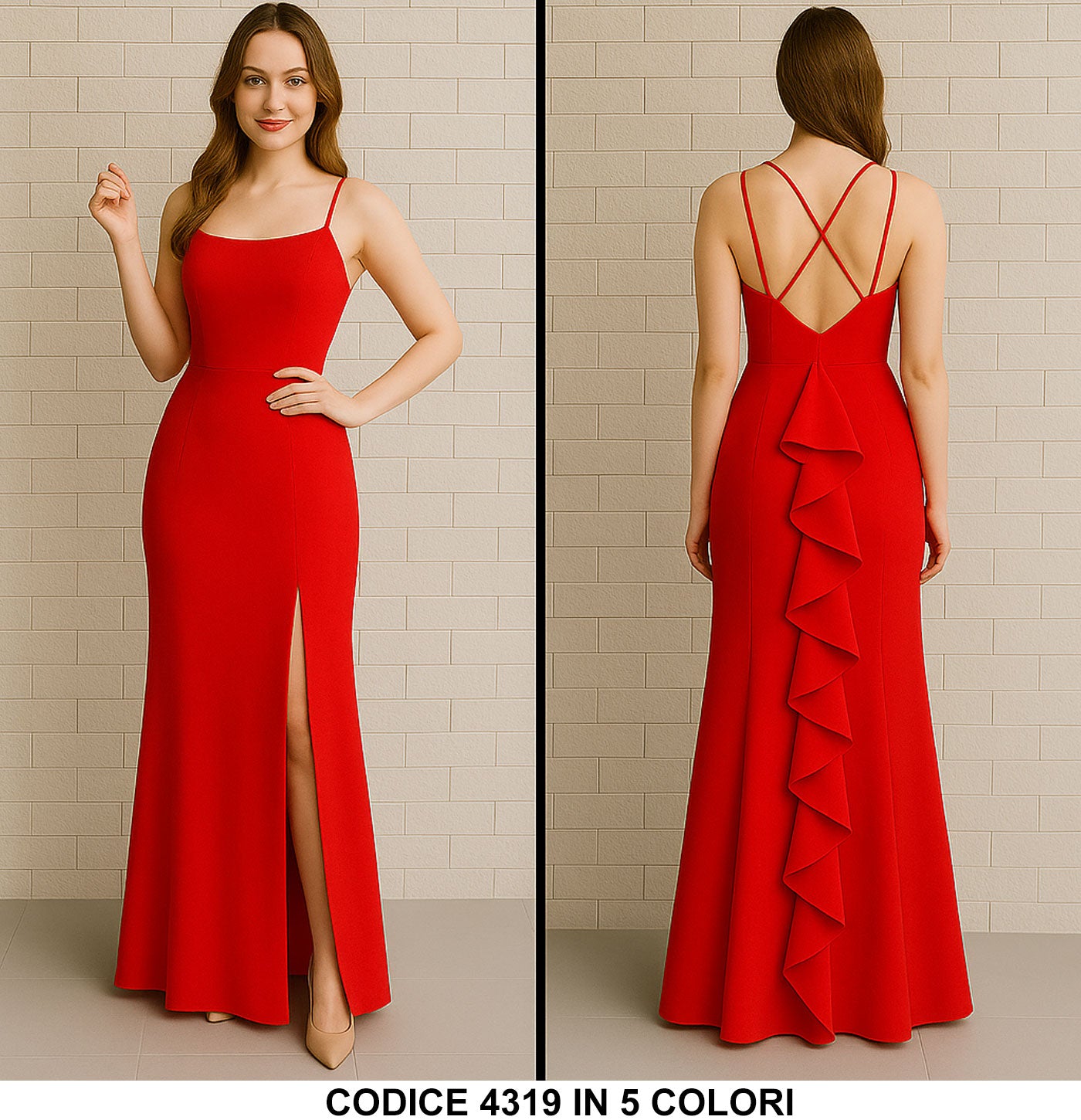 Abito Lungo Elegante da Cerimonia Vestito con Coda Smanicato Schiena Scoperta in 3 colori - 4319