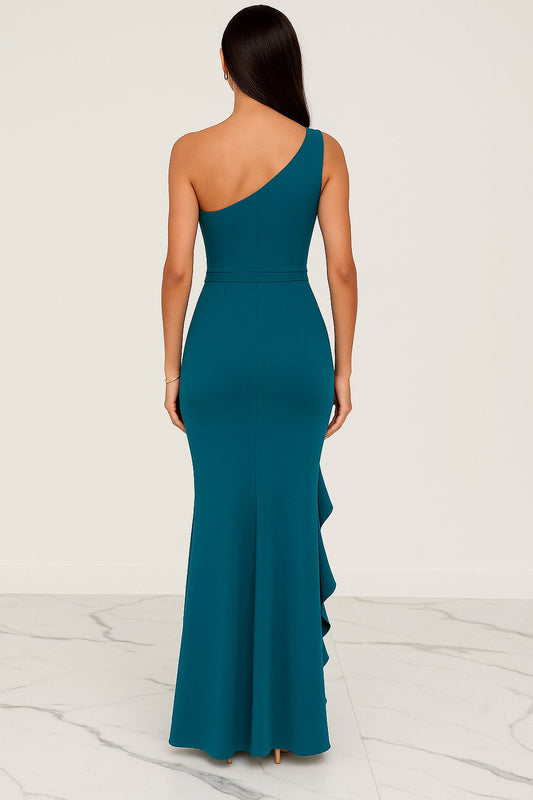 Abito Lungo Monospalla da Cerimonia Elegante Spacco con Rouche Vestito Chic in 5 Colori - 4397