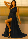 Abito da Cerimonia Lungo Elegante Brillantinato Stile Impero Vestito Evento Monospalla in 3 Colori - 4467