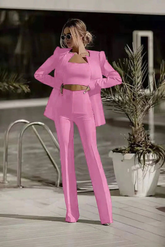 Tailleur 3 Pezzi Giacca Top E Pantaloni Zampa Completo Elegante Coordinato Casual In 3 Colori - 4483Out