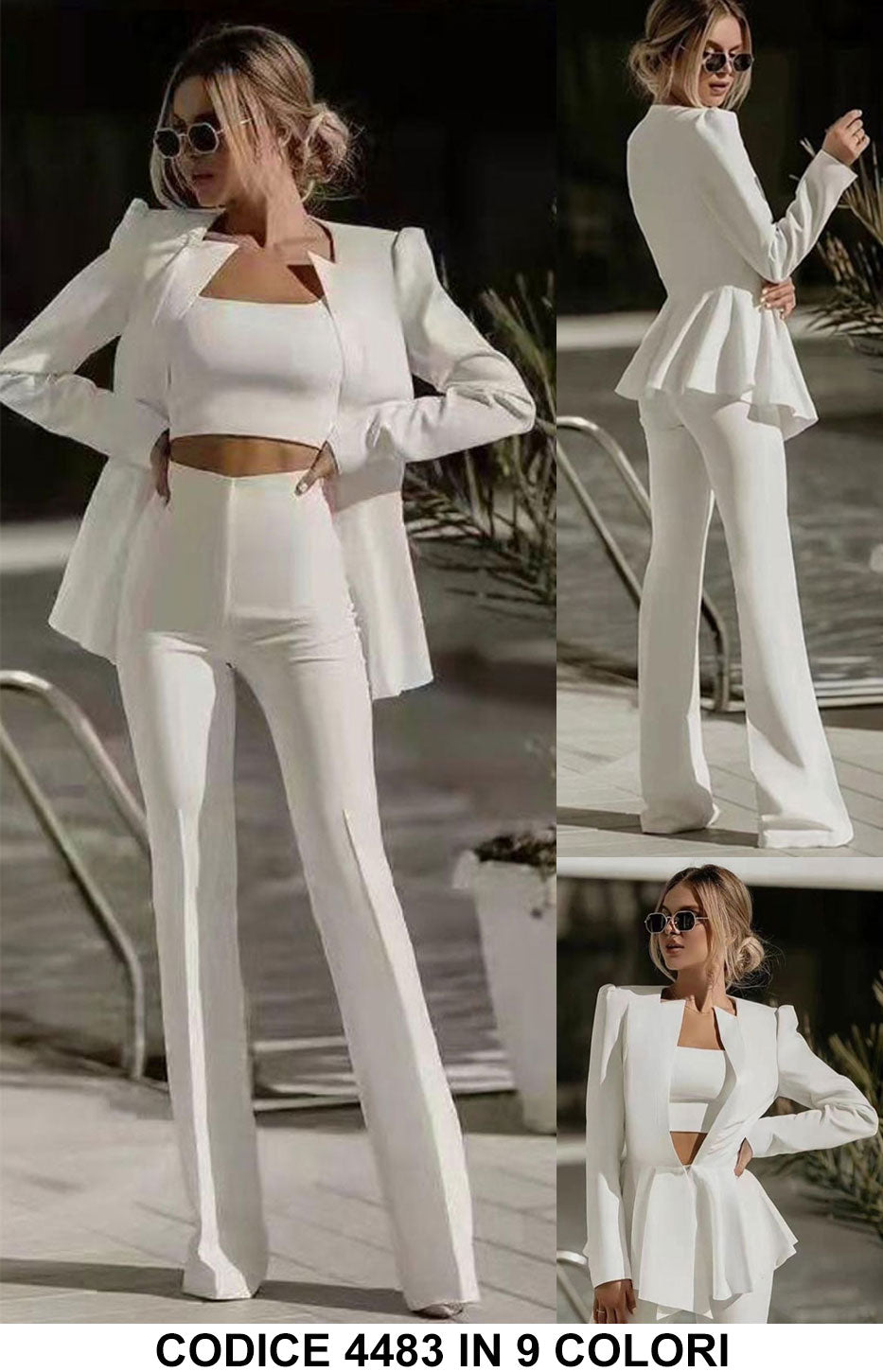 Tailleur 3 Pezzi Giacca Top e Pantaloni Zampa Completo Elegante Coordinato Casual in 9 Colori - 4483