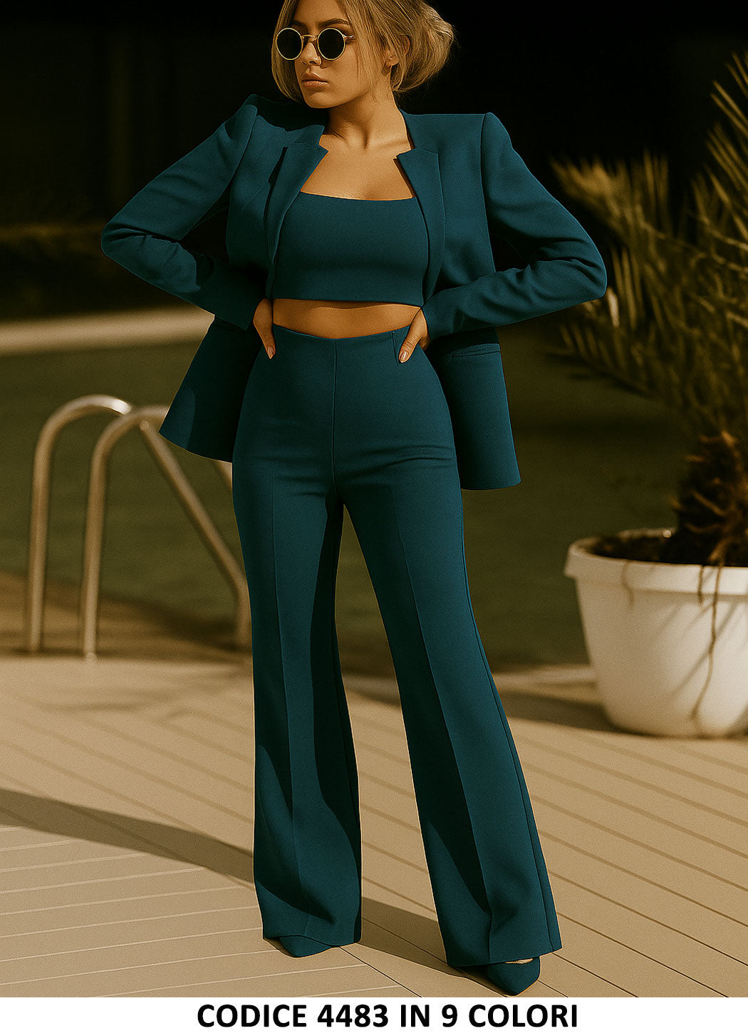 Tailleur 3 Pezzi Giacca Top e Pantaloni Zampa Completo Elegante Coordinato Casual in 9 Colori - 4483