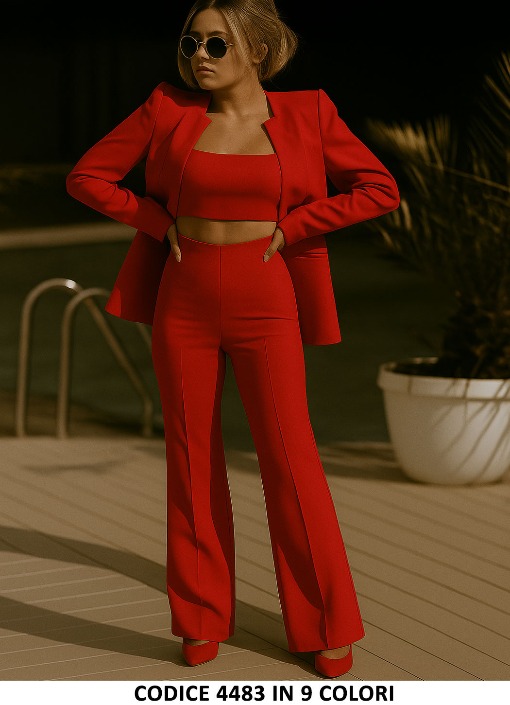 Tailleur 3 Pezzi Giacca Top e Pantaloni Zampa Completo Elegante Coordinato Casual in 9 Colori - 4483