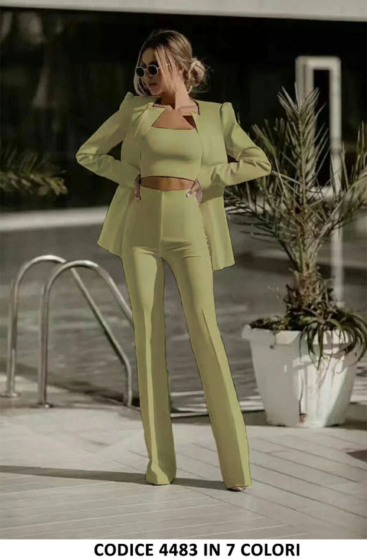 Tailleur 3 Pezzi Giacca Top e Pantaloni Zampa Completo Elegante Coordinato Casual in 7 Colori - 4483