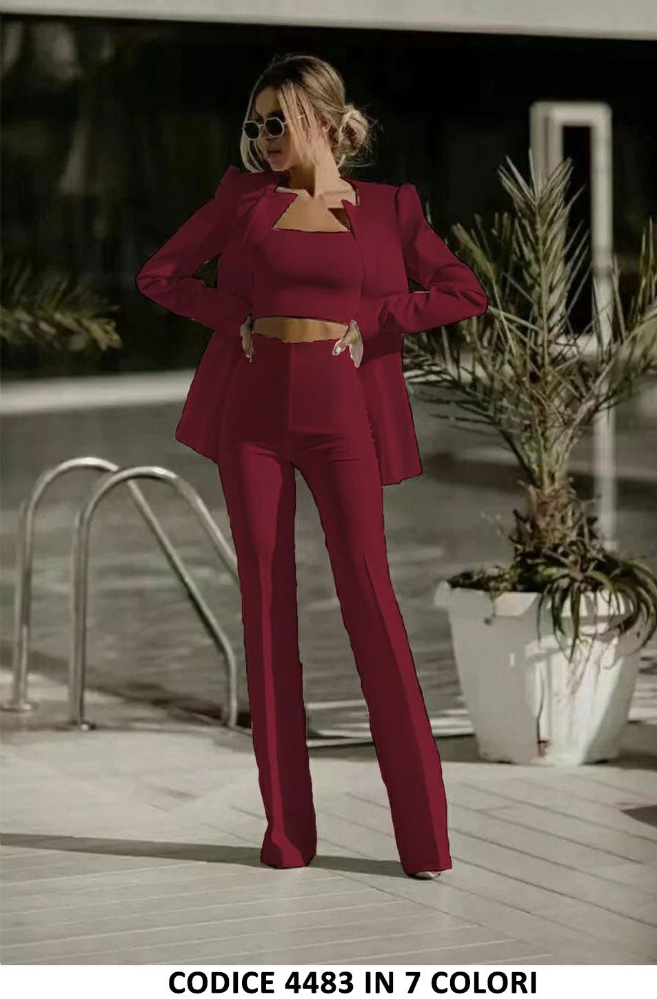 Tailleur 3 Pezzi Giacca Top e Pantaloni Zampa Completo Elegante Coordinato Casual in 6 Colori - 4483