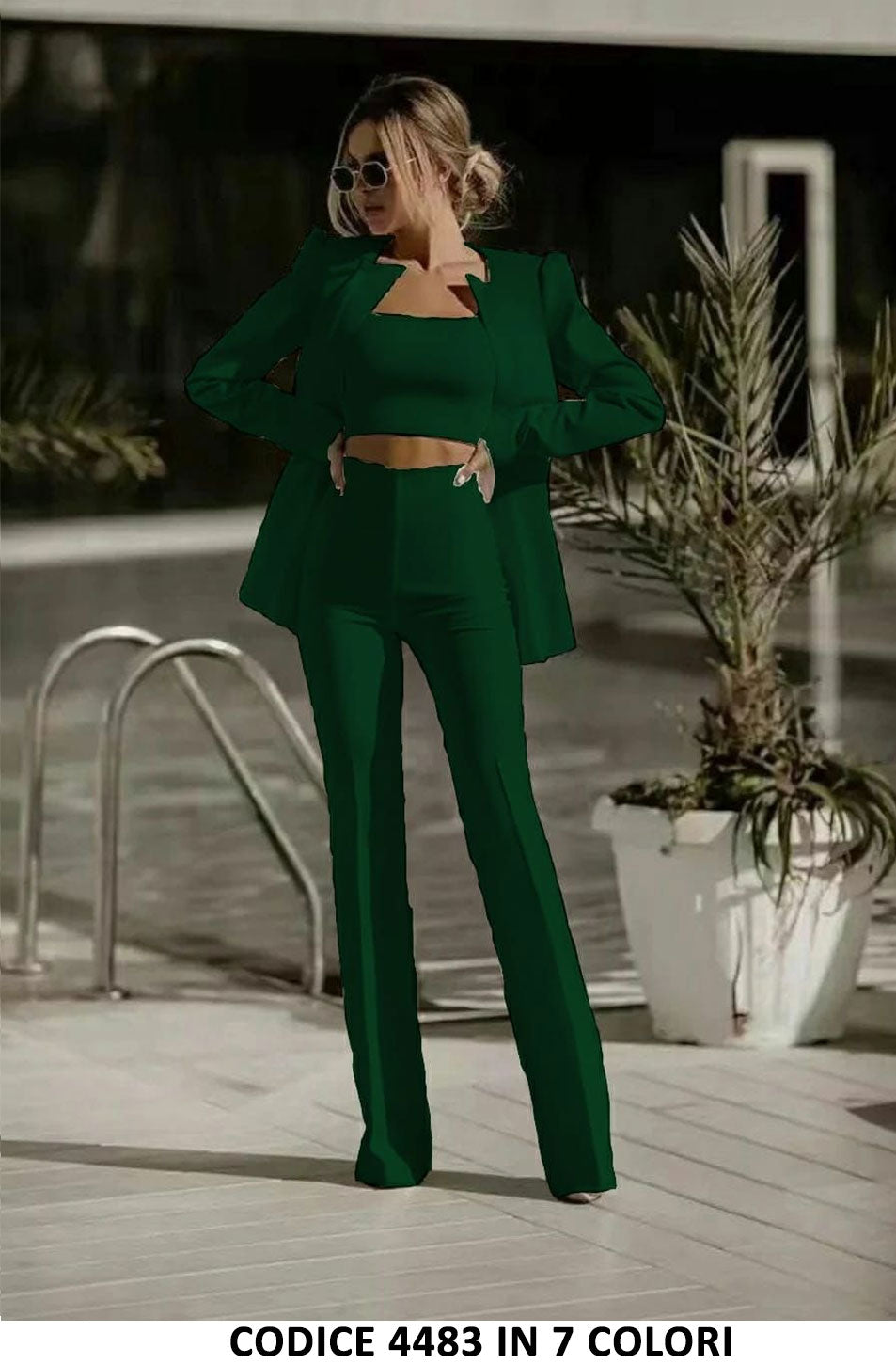 Tailleur 3 Pezzi Giacca Top e Pantaloni Zampa Completo Elegante Coordinato Casual in 7 Colori - 4483