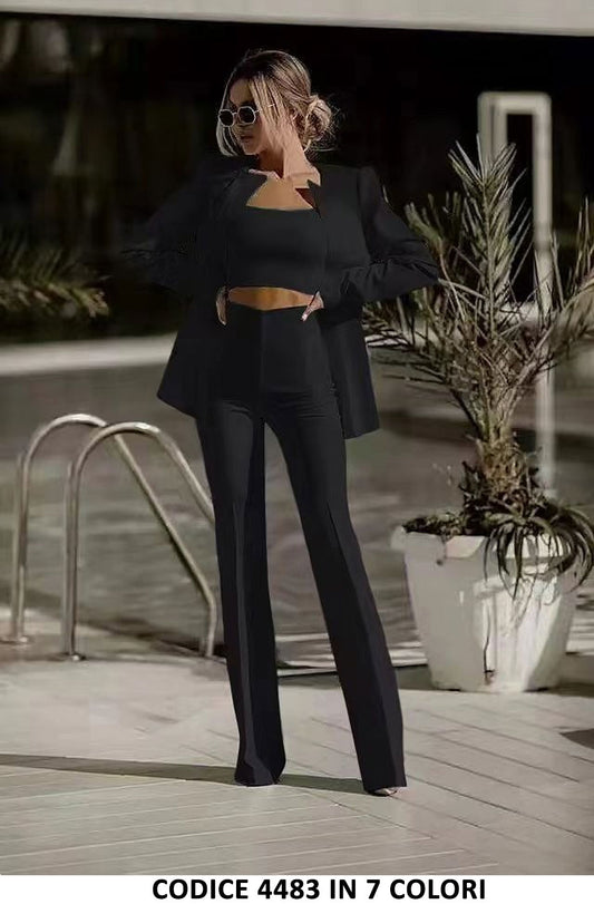 Tailleur 3 Pezzi Giacca Top e Pantaloni Zampa Completo Elegante Coordinato Casual in 9 Colori - 4483