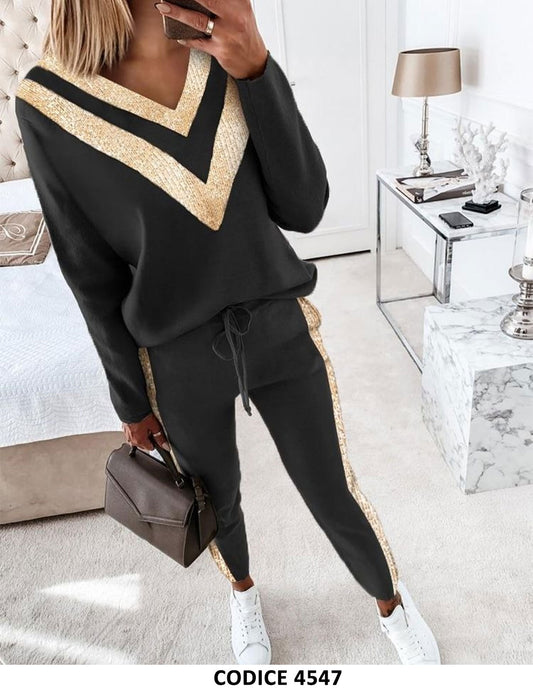 Completo Coordinato Casual Tuta Sportiva Nera con Particolari Dorati in Paillettes Felpa e Pantalone Tessuto Qualità - 4547