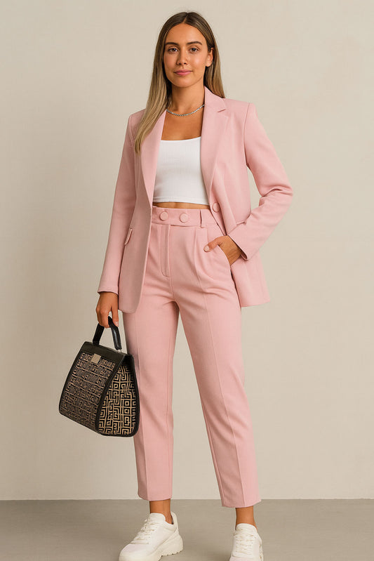Tailleur Completo Donna Giacca Foderata E Pantalone 2 Bottoni Casual Elegante In Rosa - 4551Out