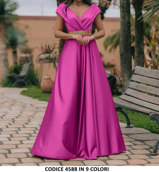 Abito Elegante Cerimonia Effetto Rasato Scollo V Vestito Cocktail con Cintura Casual in 4 Colori - 4588