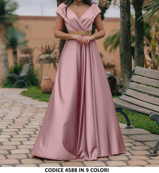Abito Elegante Cerimonia Effetto Rasato Scollo V Vestito Cocktail con Cintura Casual in 2 Colori - 4588