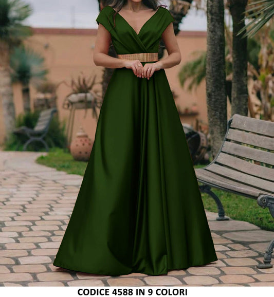 Abito Elegante Cerimonia Effetto Rasato Scollo V Vestito Cocktail con Cintura Casual in 4 Colori - 4588