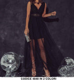 Abito Lungo Elegante Scollo V con Paillettes e Gonna Lunga in Tulle e Sottogonna in Nero - 4848Out