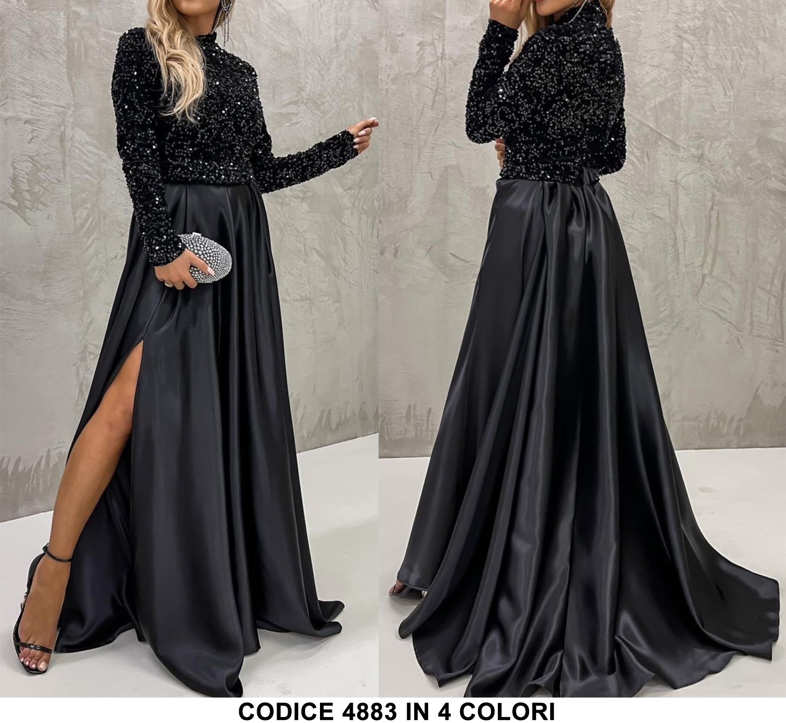 Abito Lungo da Cerimonia Spacco Laterale e Parte superiore in Paillettes Vestito in 11 Colori - 4883