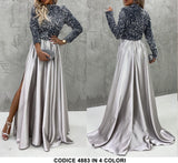 Abito Lungo da Cerimonia Spacco Laterale e Parte superiore in Paillettes Vestito in 11 Colori - 4883