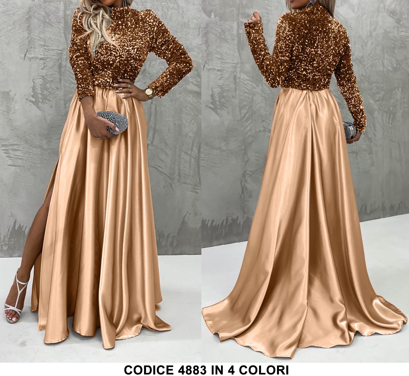 Abito Lungo Da Cerimonia Spacco Laterale E Parte Superiore In Paillettes Vestito In Oro- 4883Out