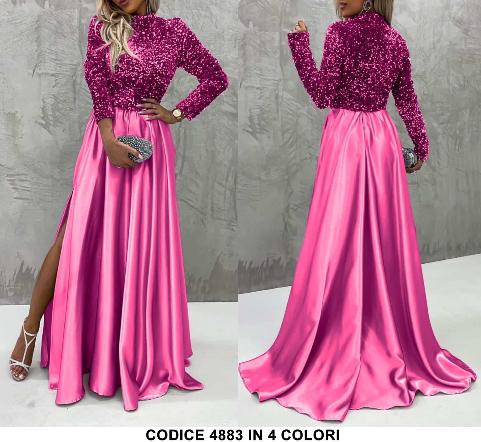 Abito Lungo da Cerimonia Spacco Laterale e Parte superiore in Paillettes Vestito in 11 Colori - 4883