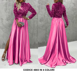 Abito Lungo da Cerimonia Spacco Laterale e Parte superiore in Paillettes Vestito in 11 Colori - 4883