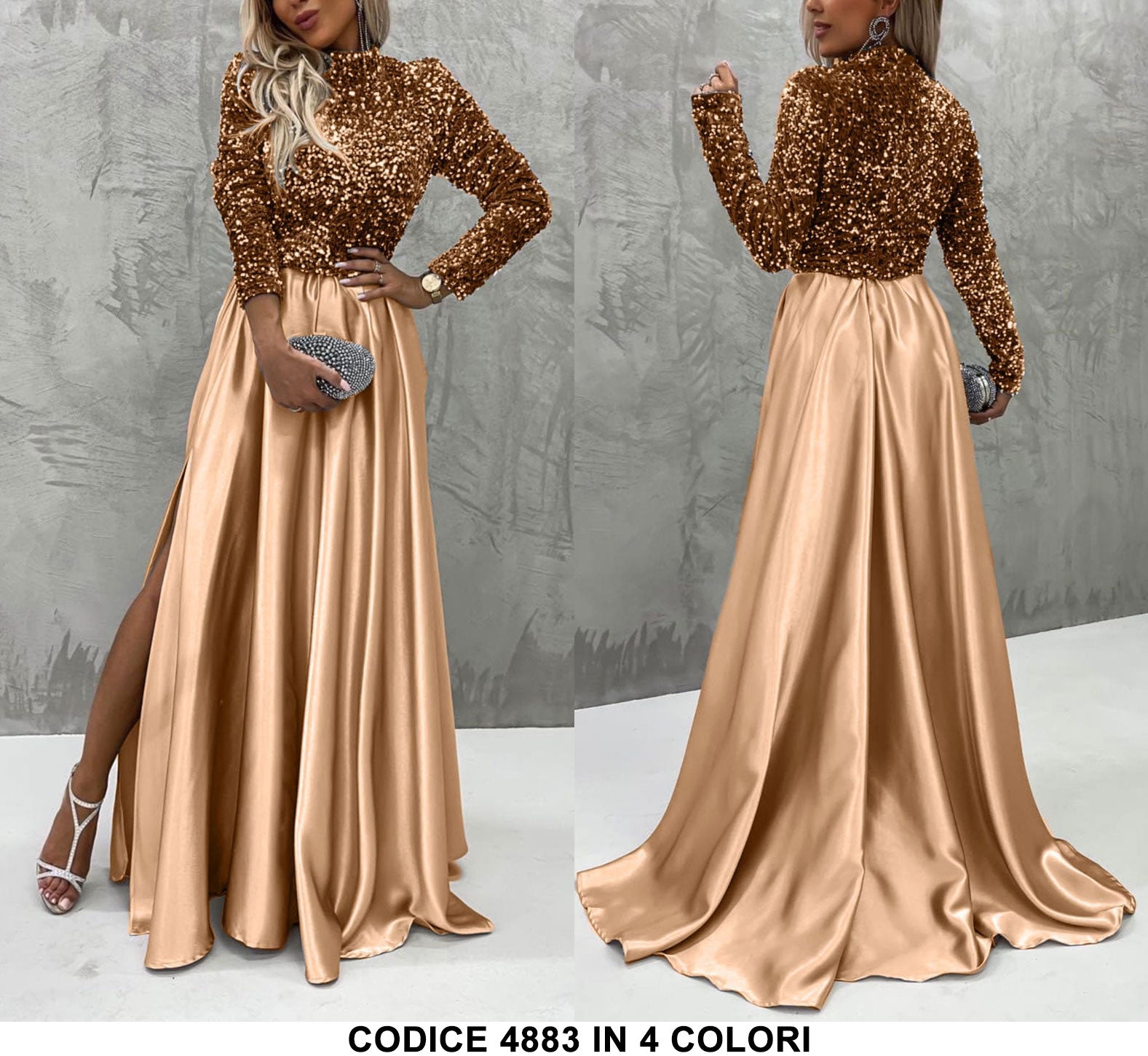 Abito Lungo Da Cerimonia Spacco Laterale E Parte Superiore In Paillettes Vestito In Dorato Oro - 4883Out