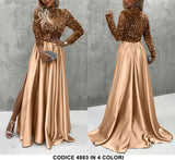 Abito Lungo Da Cerimonia Spacco Laterale E Parte Superiore In Paillettes Vestito In Dorato Oro - 4883Out