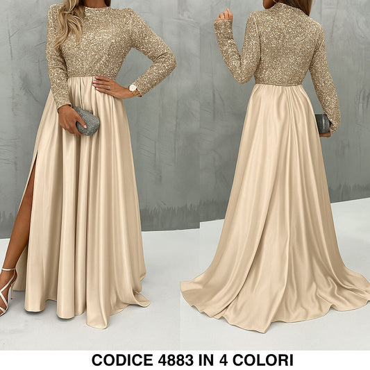 Abito Lungo da Cerimonia Spacco Laterale e Parte superiore in Paillettes Vestito in 8 Colori - 4883