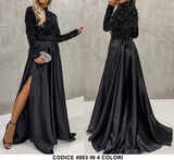 Abito Lungo da Cerimonia Spacco Laterale e Parte superiore in Paillettes Vestito in 11 Colori - 4883