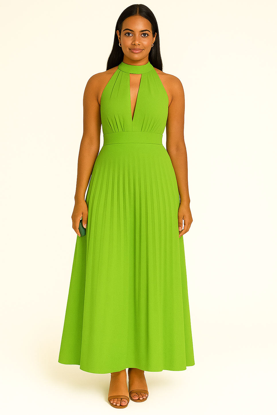 Vestito Lungo da Cerimonia Elegante Increspato Allacciatura al Collo Scollo V Abito in 8 Colori - 4985