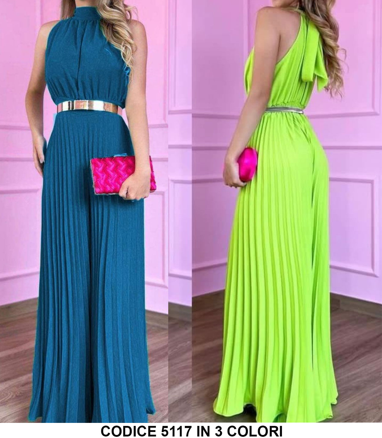 Tuta Intera Elegante Cerimonia con Pantalone Plissè e Cintura in tinta in Jumpsuiti Casual in 12 Colori- 5117