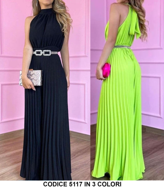 Tuta Intera Elegante Cerimonia con Pantalone Plissè e Cintura in tinta in Jumpsuiti Casual in 12 Colori- 5117