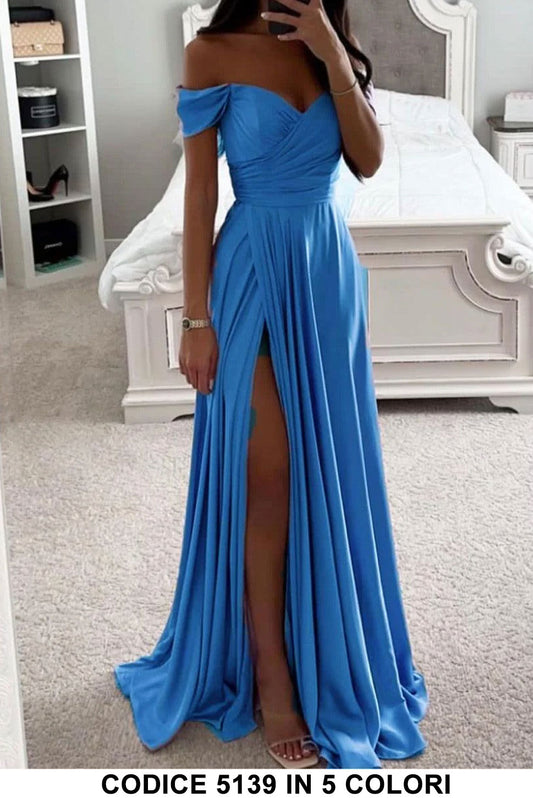 Abito Donna Lungo Scollo Cuore Spacco Alto Gonna Morbida Sensuale Vestito Elegante in 5 Colori - 5139
